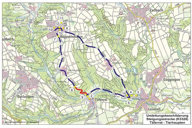 Lageplan - Vollsperrung der K3328 zwischen Täferrot und Tierhaupten