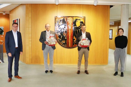 Auf dem Bild v. l. n. r.: Dr. Joachim Bläse, Dr. Berthold Schuler, Dr. Manuel Kieninger und Lena Kümmel, persönliche Mitarbeiterin des Landrats