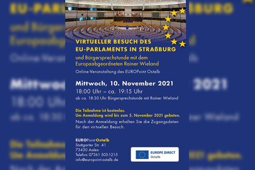 Virtueller Besuch des Europäischen Parlaments in Straßburg am 10. November 2021 sowie Bürgersprechstunde mit dem Europaabgeordneten Rainer Wieland 