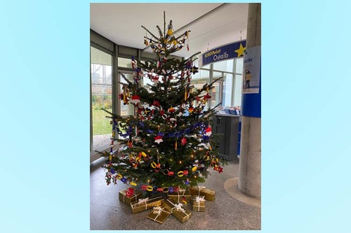 Europa-Weihnachtsbaum im Landratsamt - Das Kinder- und Familienzentrum Kolibri aus Lauchheim bastelte europäischen Weihnachtsbaumschmuck