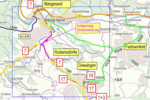 Der pink markierte Bereich der L 1075 bzw. der L 1080 wird wegen Deckensanierung voll gesperrt.